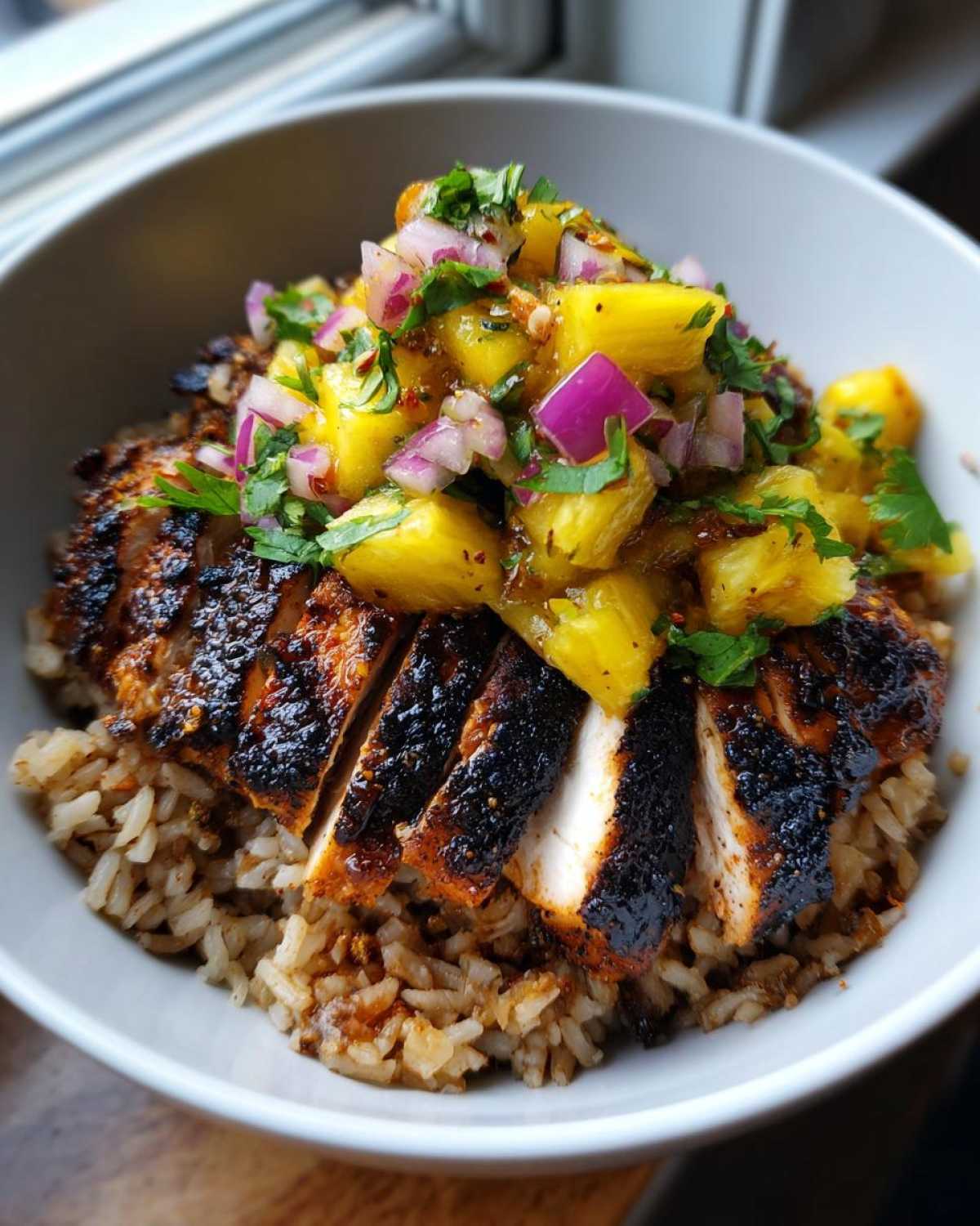A close-up of a jerk chicken bowl featuring sliced, charred jerk chicken served over rice and topped generously with bright pineapple salsa.