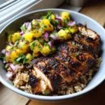 A close-up view of a jerk chicken bowl featuring sliced, seasoned chicken over rice, topped with vibrant pineapple salsa.