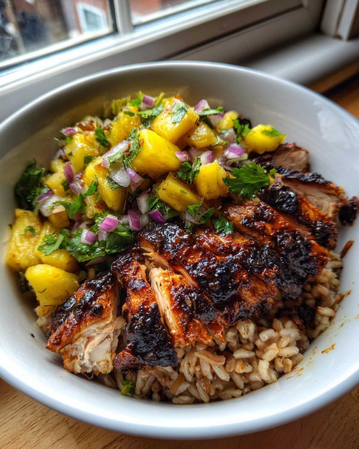 A white bowl filled with brown rice, sliced jerk chicken, and vibrant pineapple salsa in a jerk chicken bowl with pineapple salsa.