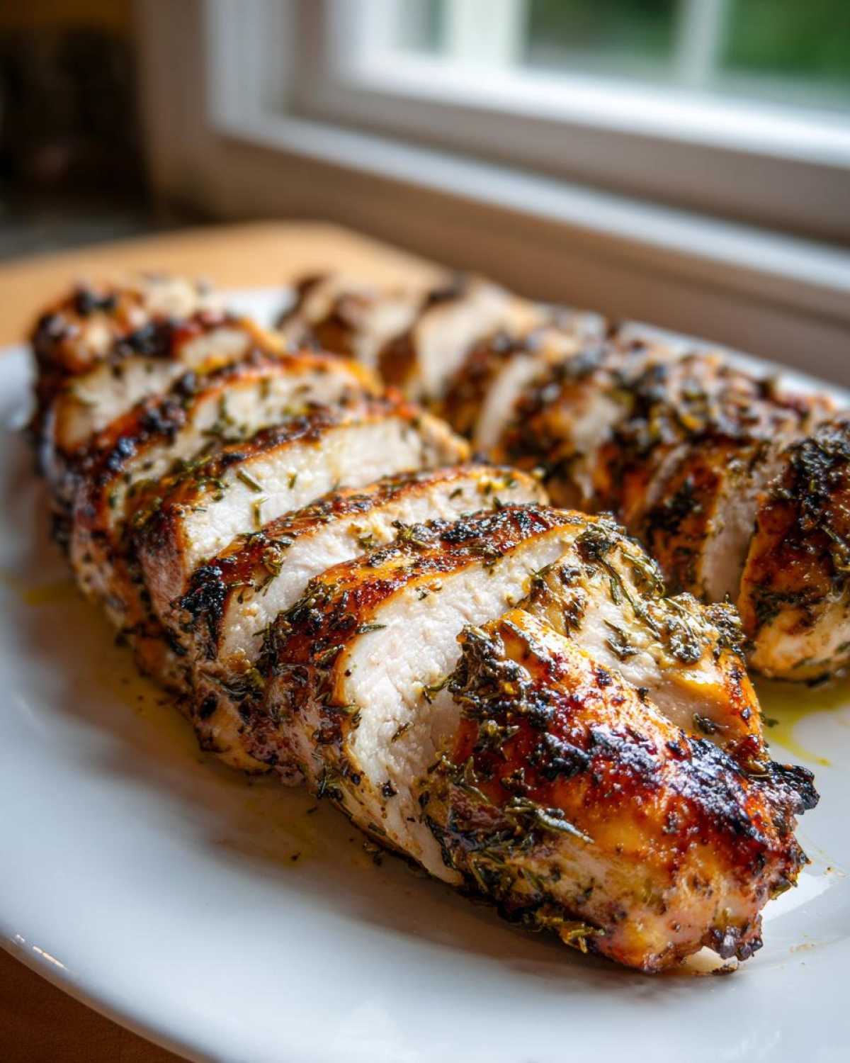 Close-up of sliced, juicy greek chicken breast coated in herbs, resting on a white plate.