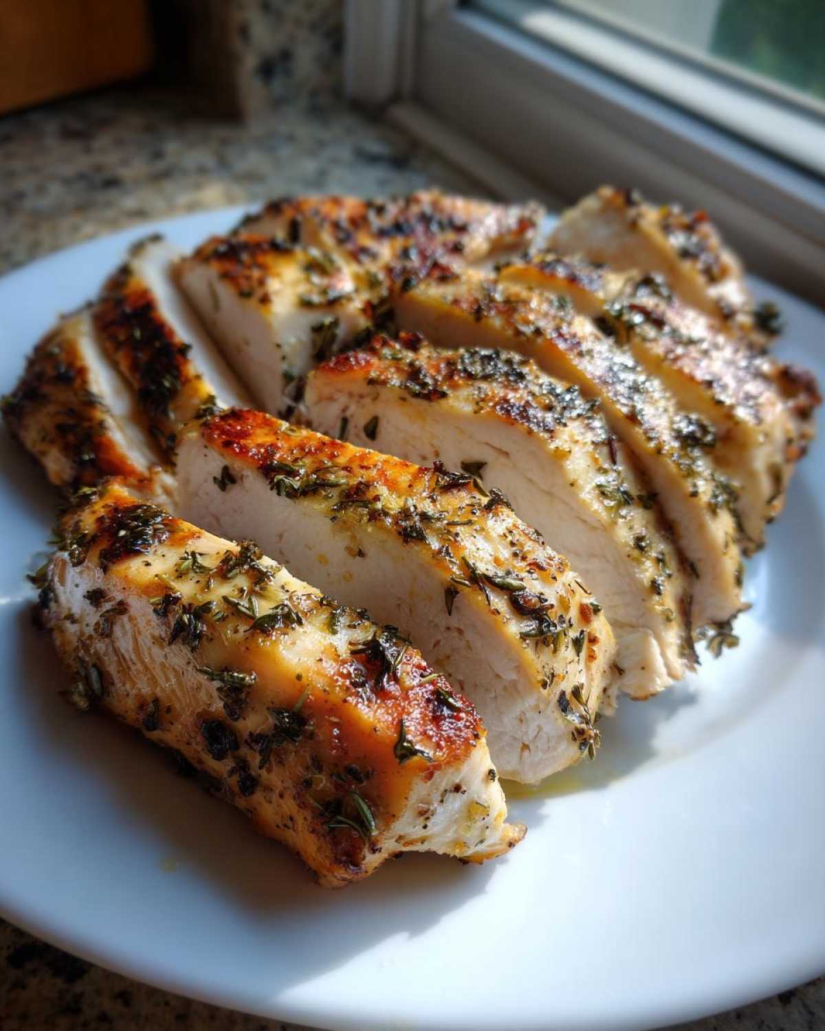 Slices of juicy greek chicken breast seasoned with herbs, resting on a white plate.