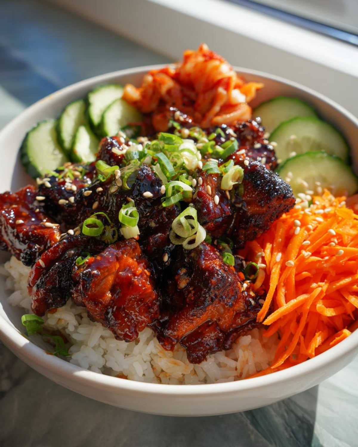 Close-up of a vibrant korean bbq chicken bowls featuring glazed chicken over rice, topped with sesame seeds, scallions, kimchi, carrots, and cucumbers.