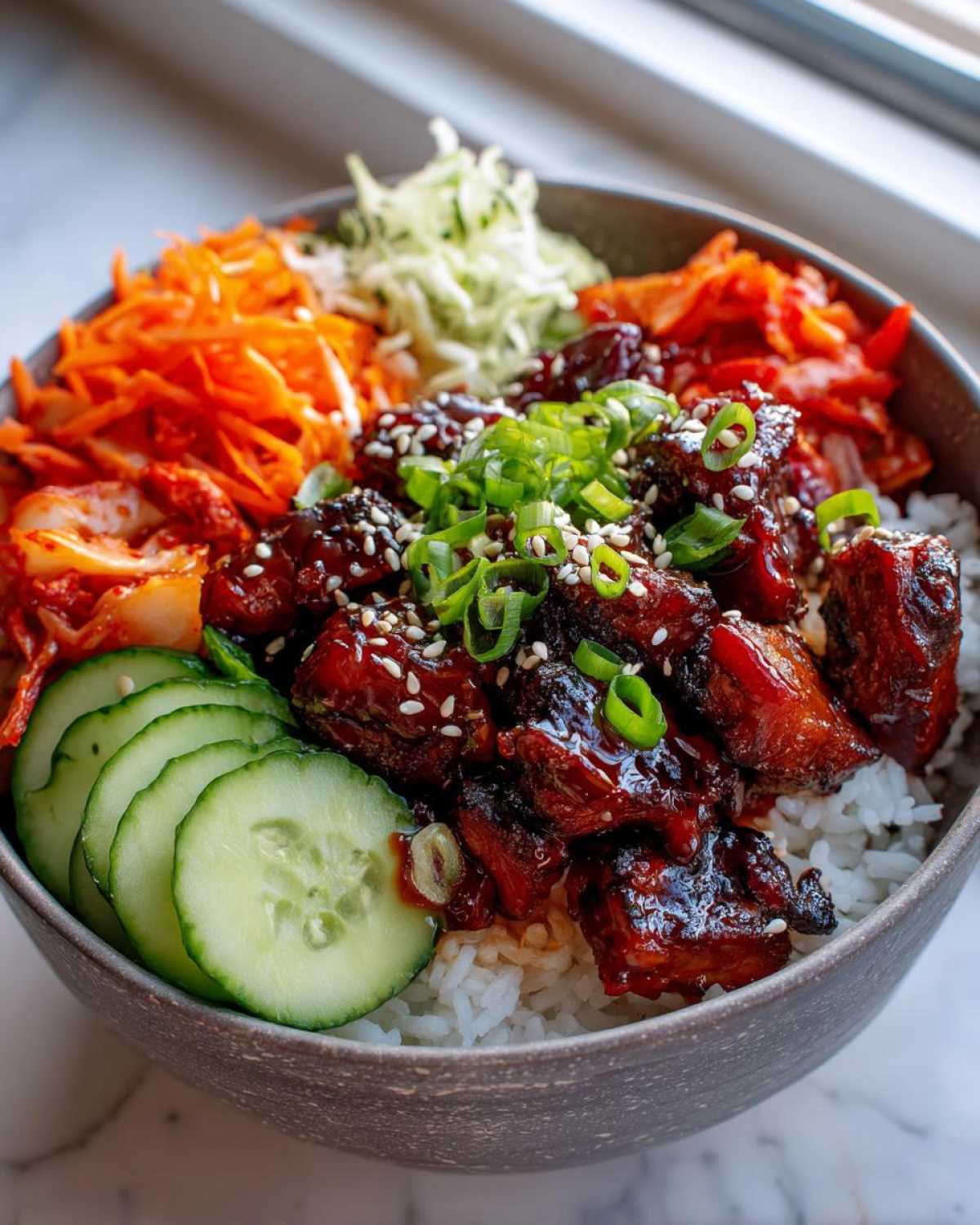 A close-up of a vibrant korean bbq chicken bowls featuring glazed chicken over rice, topped with kimchi, cucumbers, and scallions.