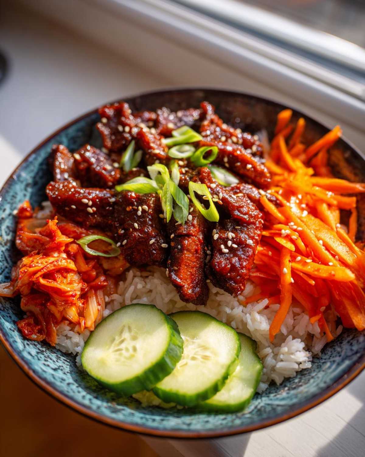 A vibrant bowl featuring Korean bbq chicken bowls components: saucy chicken over rice, topped with sesame seeds, scallions, kimchi, shredded carrots, and cucumber slices.