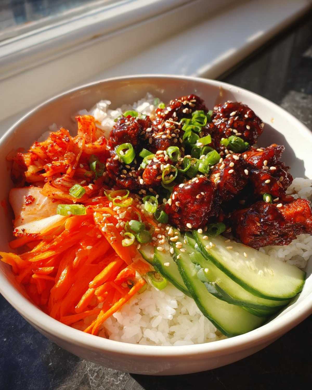 A close-up of a Korean BBQ chicken bowls featuring glazed chicken, rice, kimchi, and sliced cucumbers.