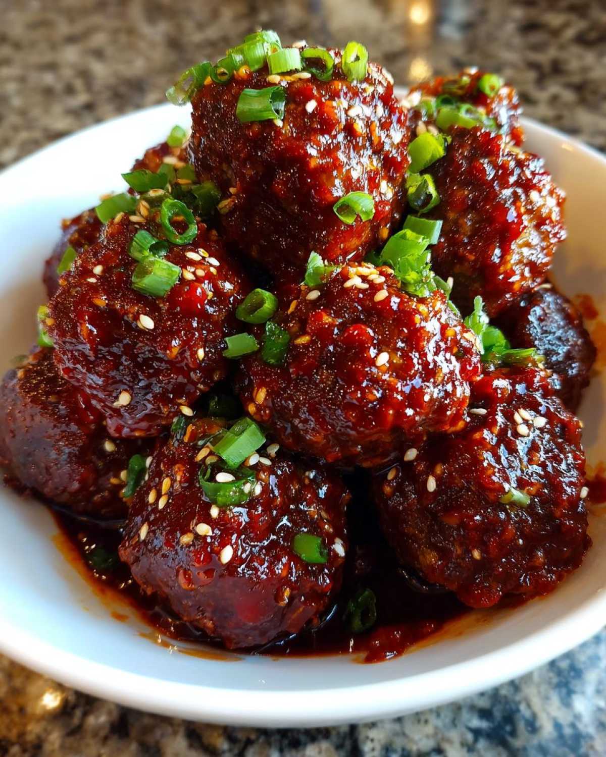 Close-up of sticky, glazed korean bbq meatballs topped with sesame seeds and chopped green onions.