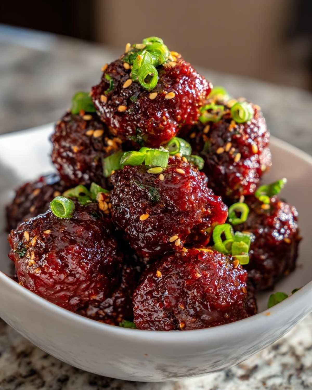 A close-up of glossy, dark red korean bbq meatballs piled high in a white bowl, garnished with sesame seeds and sliced green onions.