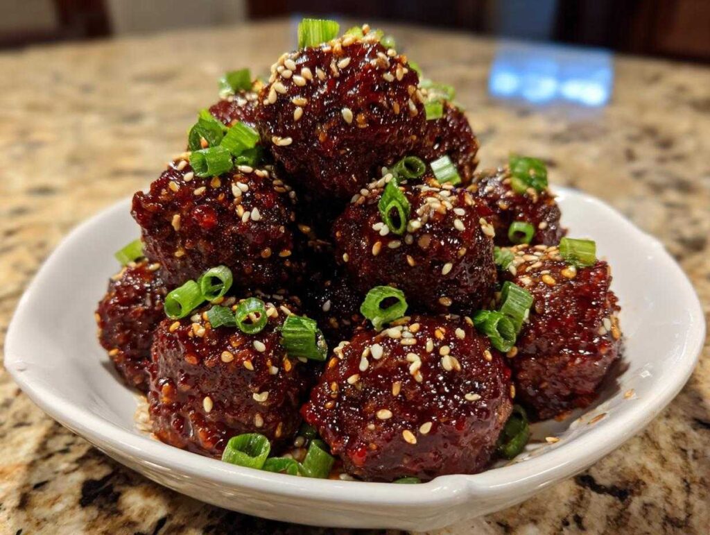 A pile of glossy, dark glazed korean bbq meatballs topped with sesame seeds and chopped green onions.