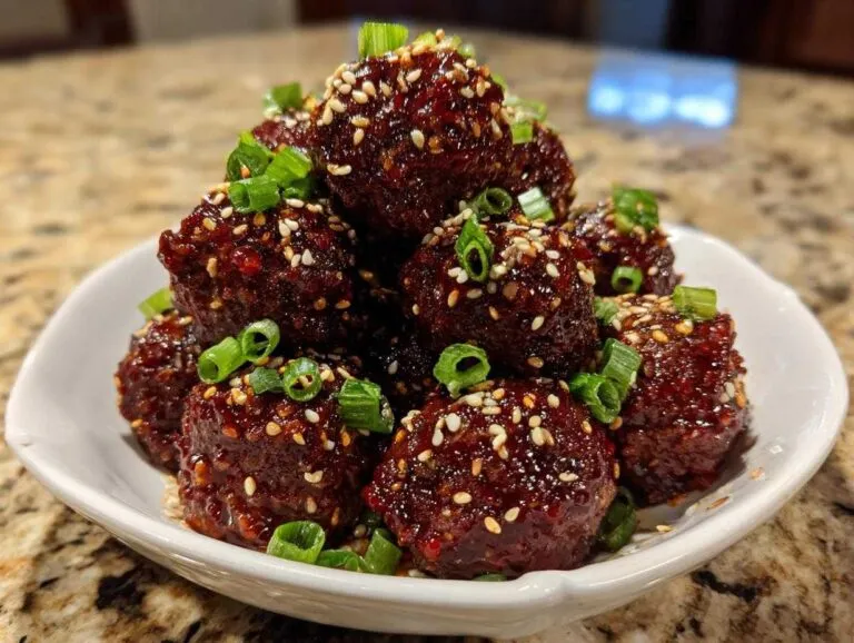 A pile of glossy, dark glazed korean bbq meatballs topped with sesame seeds and chopped green onions.