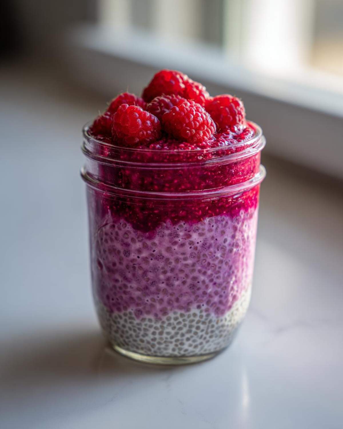 Close-up of layered raspberry chia pudding with whole raspberries on top, showing distinct white, purple, and bright red layers.