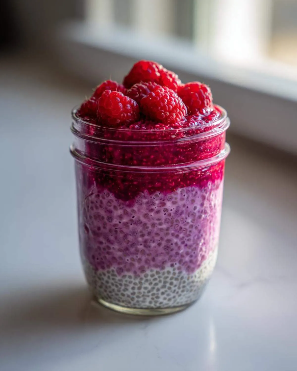 Close-up of layered raspberry chia pudding with whole raspberries on top, showing distinct white, purple, and bright red layers.