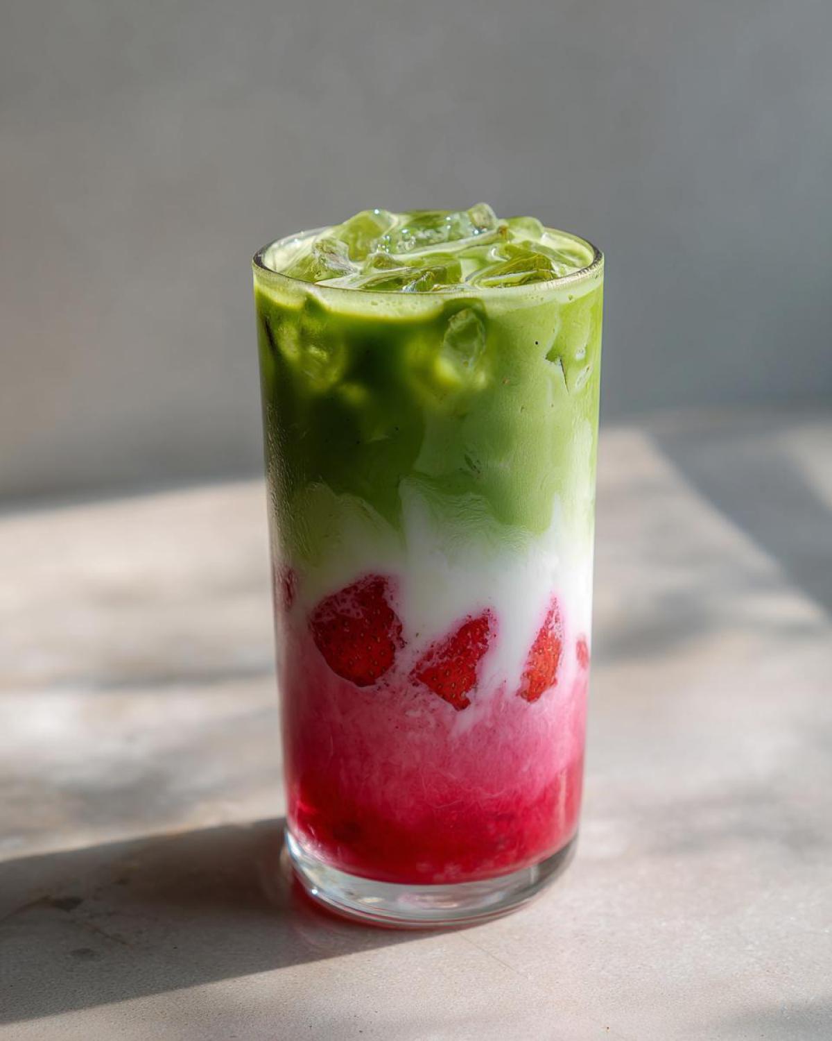 A tall glass showing a layered strawberry matcha drink with bright red strawberry puree, white milk, and vibrant green iced matcha on top.