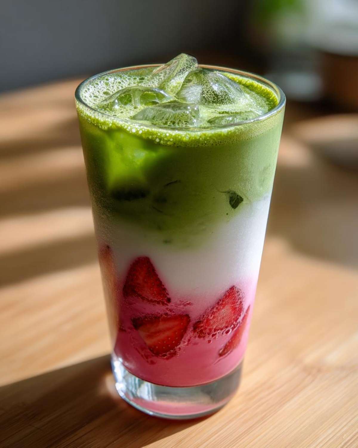 A refreshing, layered strawberry matcha drink featuring bright pink strawberry puree, white milk, and green matcha tea topped with ice.