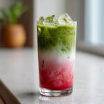 A tall glass showing a layered strawberry matcha drink with bright red puree, white milk, and vibrant green matcha on top, filled with ice.