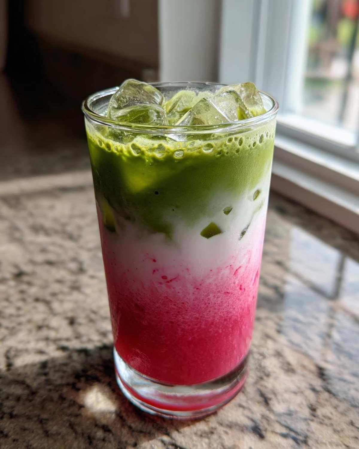 Close-up of a tall glass containing a layered strawberry matcha drink with bright pink, white, and green layers, topped with ice.