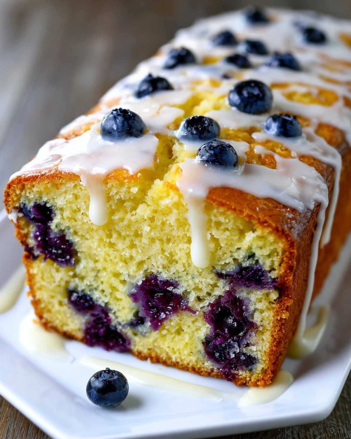 A close-up of a moist lemon blueberry bread loaf, drizzled with white glaze and topped with fresh blueberries.