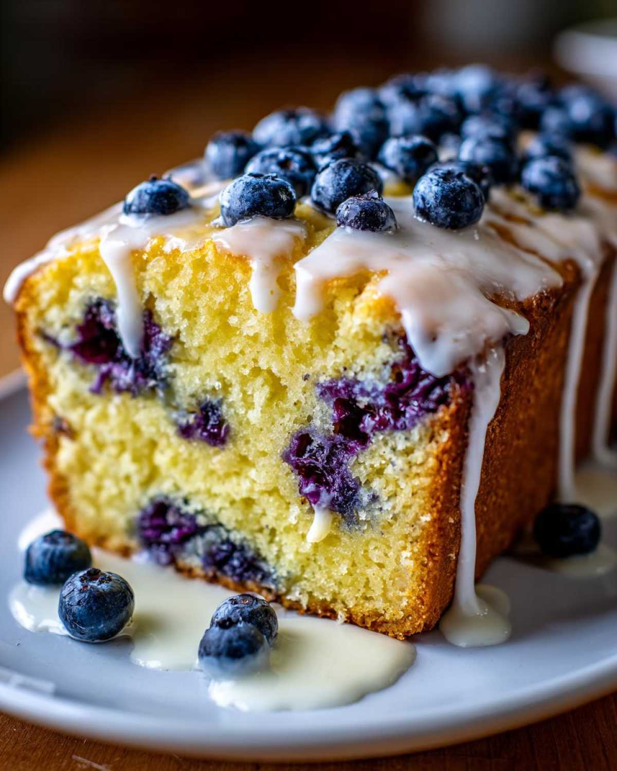 Close-up of a slice of moist lemon blueberry bread topped with a thick white glaze and fresh blueberries.
