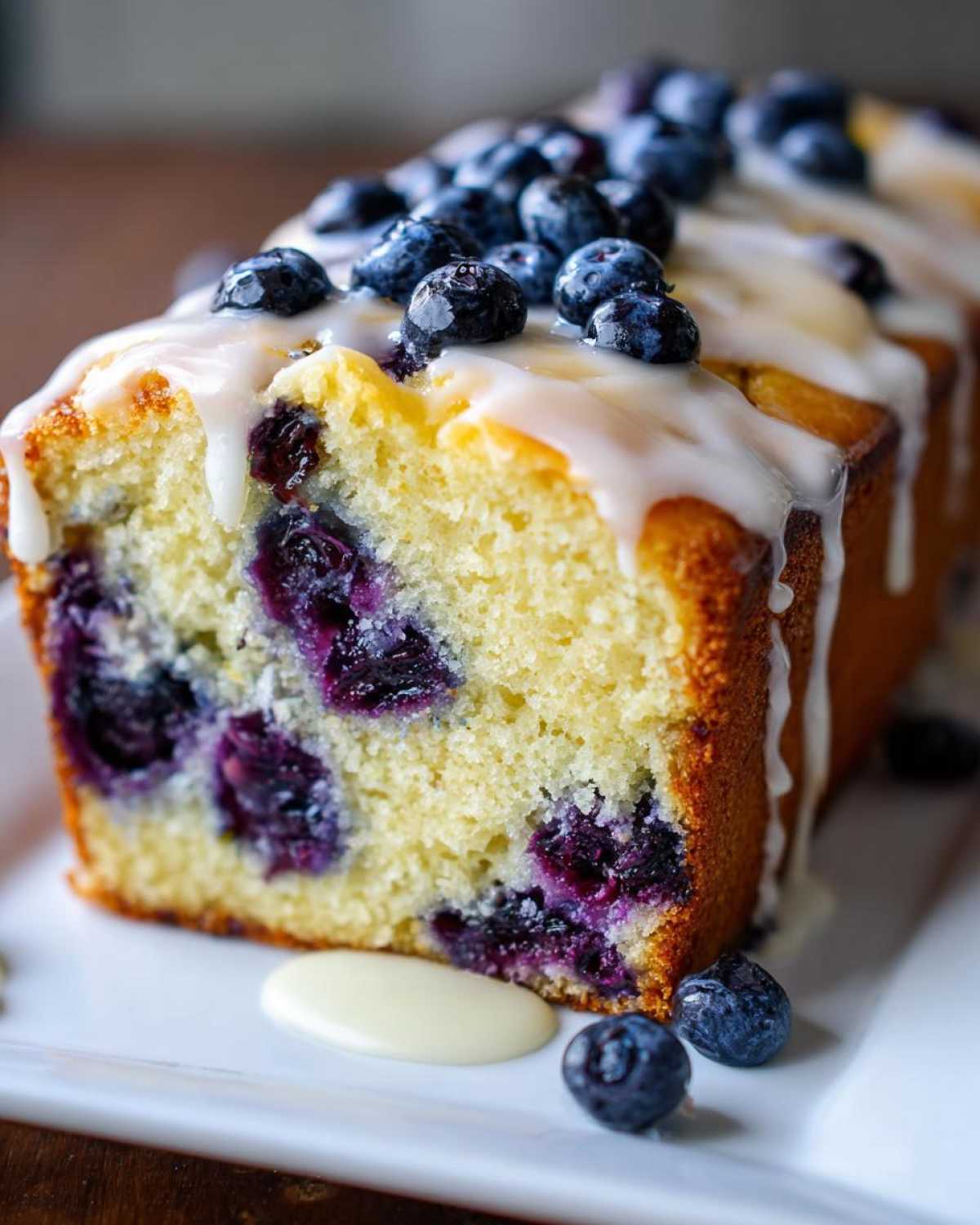 Close-up of a slice of moist lemon blueberry bread topped with white glaze and fresh blueberries.