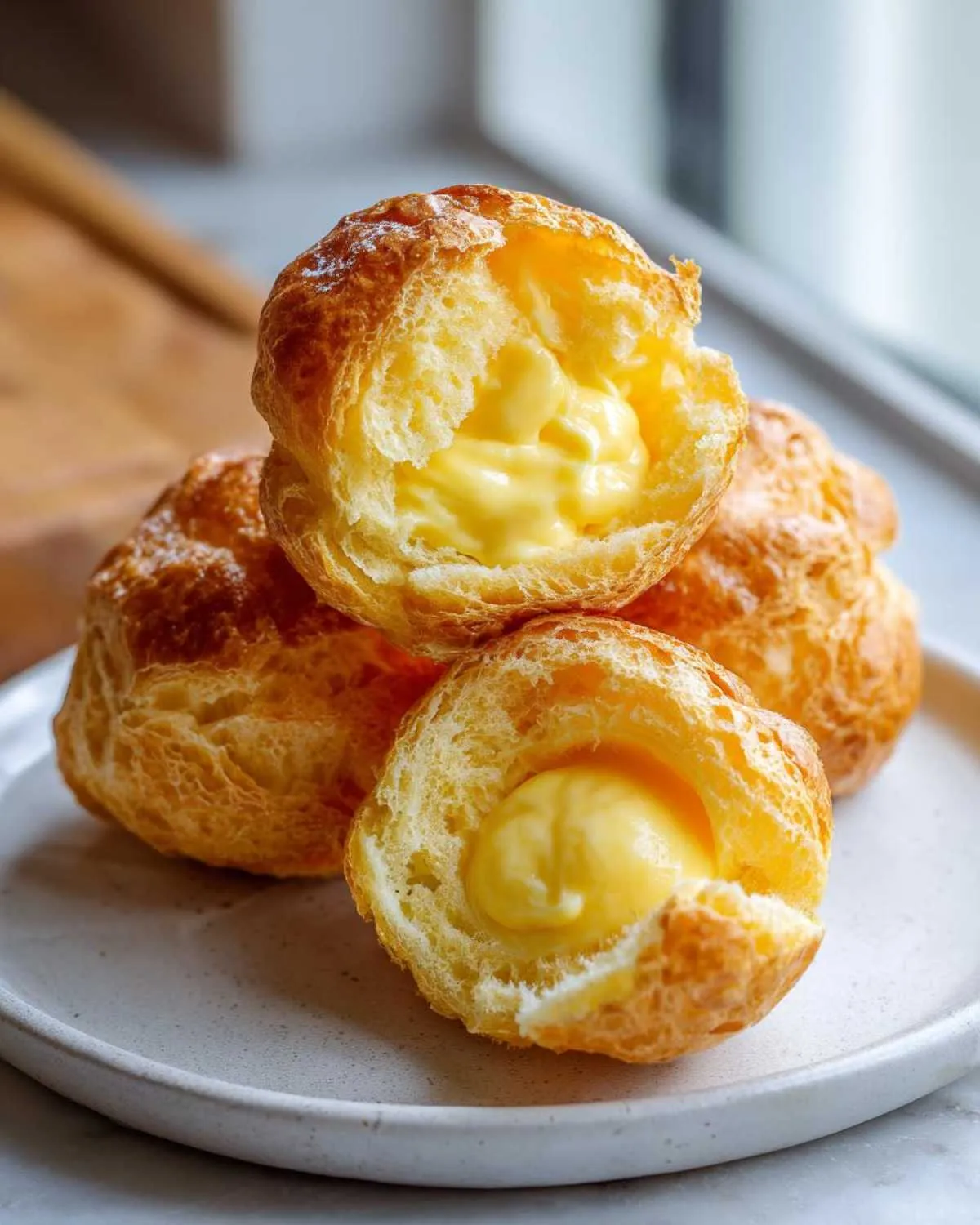 Close-up of golden brown lemon cream puffs stacked on a plate, showing the creamy yellow filling inside the split pastry.
