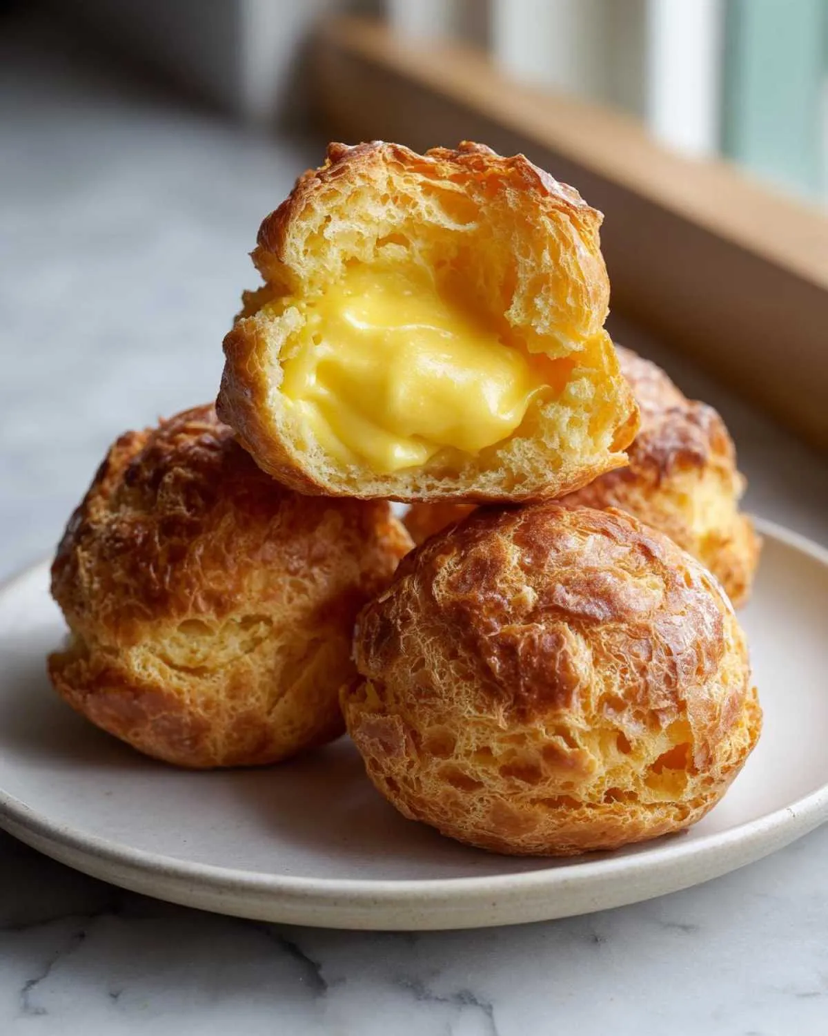 Close-up of golden brown lemon cream puffs stacked on a plate, one split open revealing rich yellow lemon cream filling.