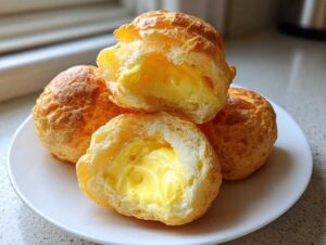 Close-up of golden brown lemon cream puffs, one cut open revealing bright yellow lemon pastry cream filling.