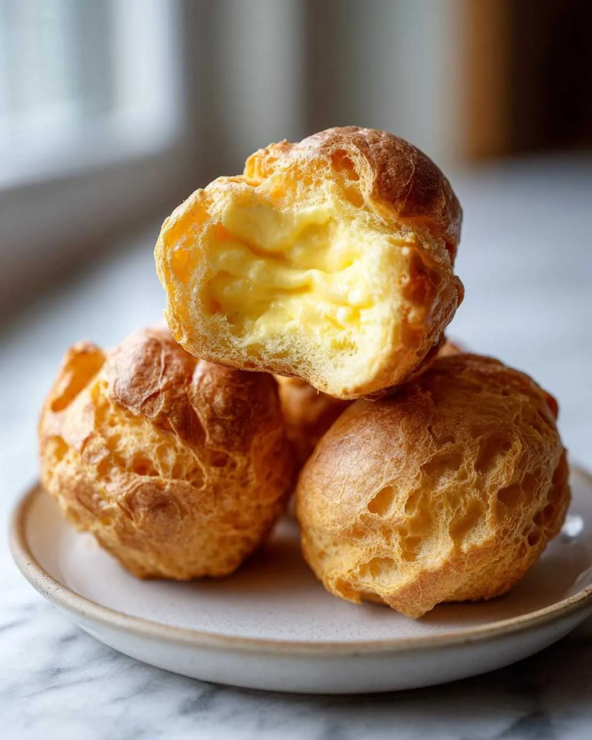 A stack of golden brown lemon cream puffs, one broken open to show the rich yellow lemon cream filling.