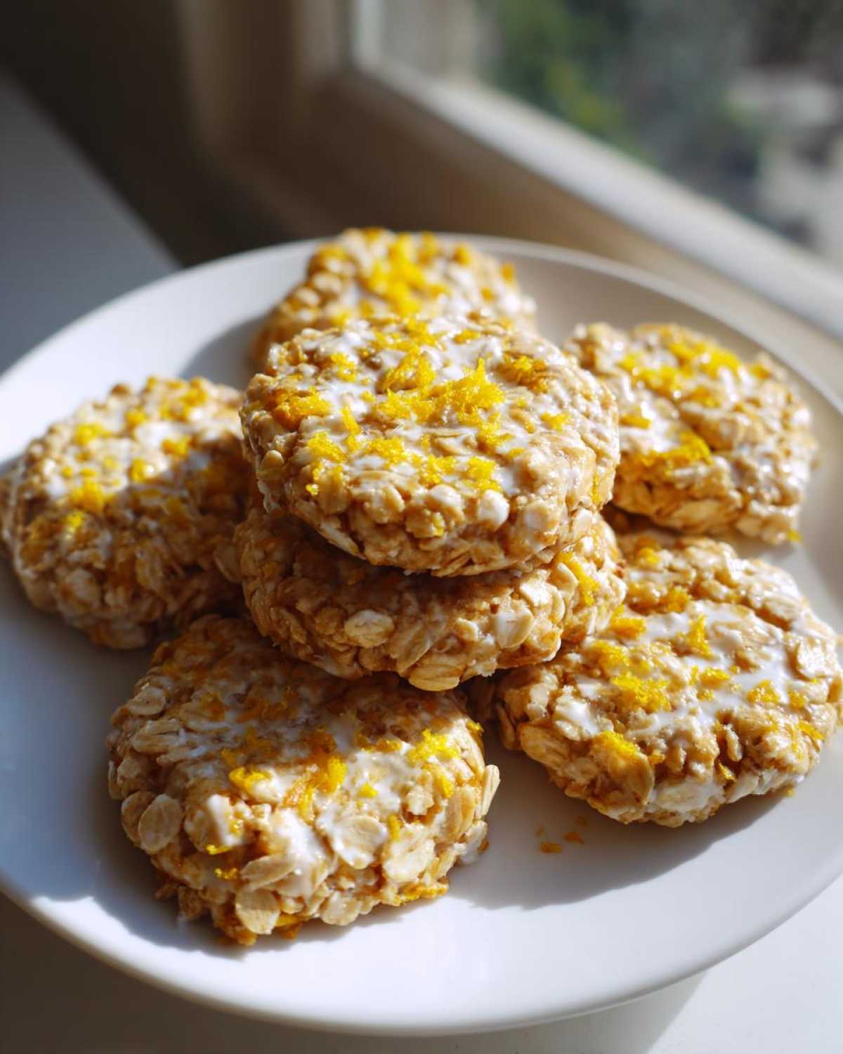 A stack of delicious lemon oatmeal no-bake cookies topped with white glaze and bright yellow lemon zest.