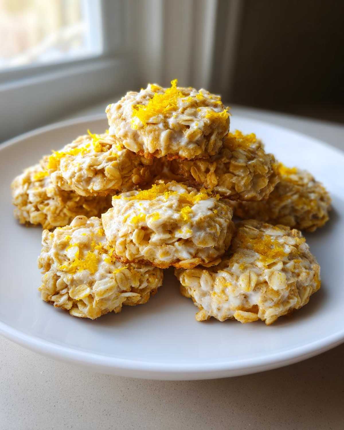A stack of creamy lemon oatmeal no-bake cookies topped generously with bright yellow lemon zest.