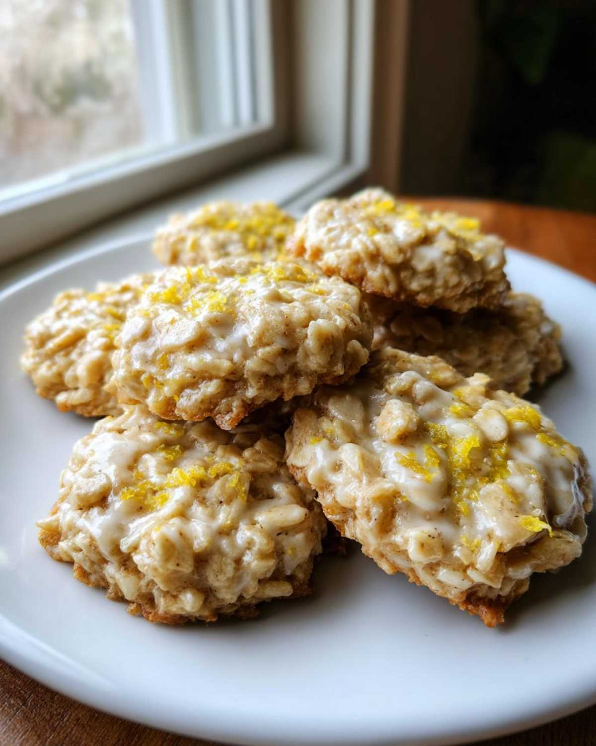 A stack of delicious lemon oatmeal no-bake cookies topped with a white glaze and bright yellow lemon zest.