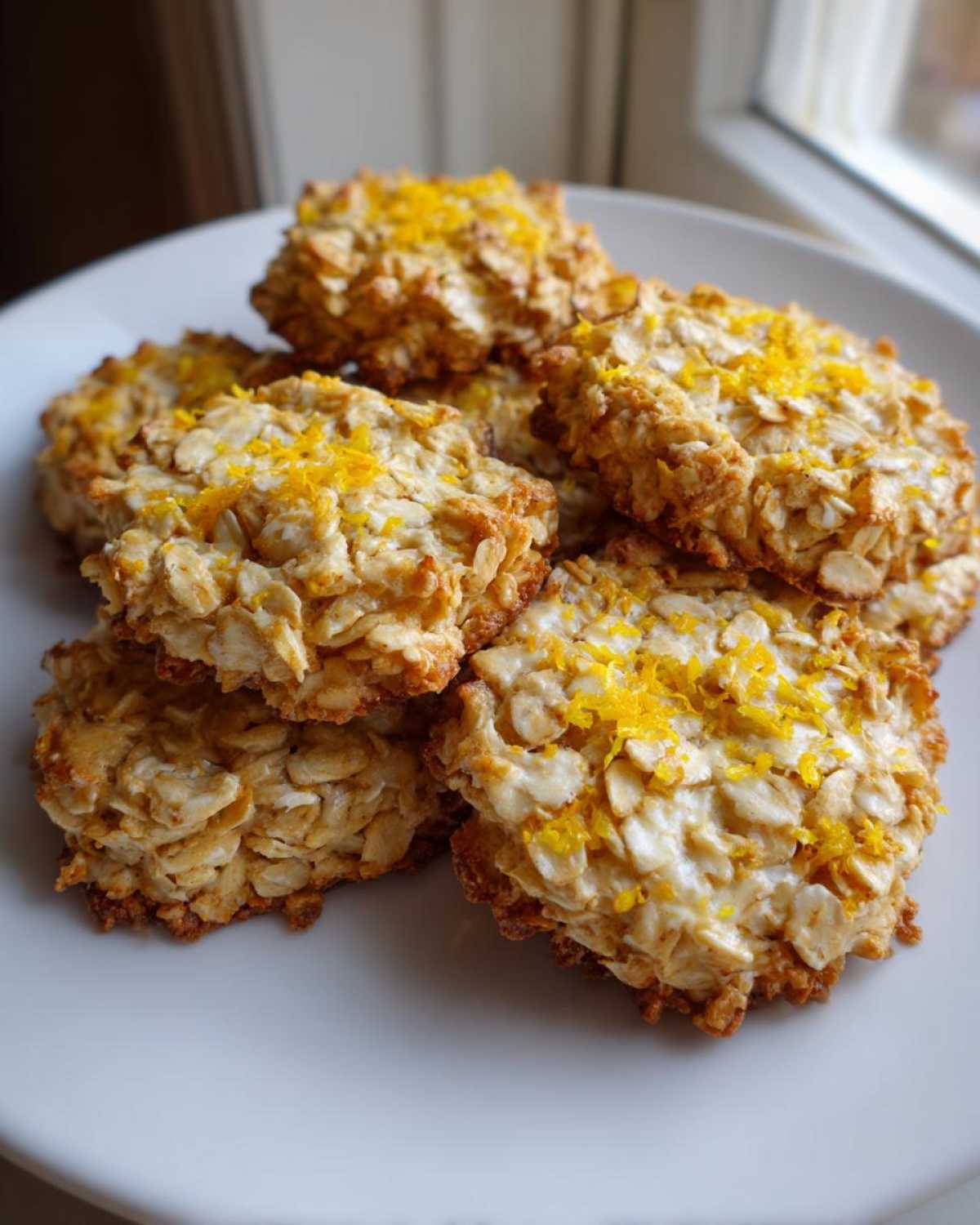A close-up of several lemon oatmeal no-bake cookies stacked on a white plate, topped with bright yellow lemon zest.