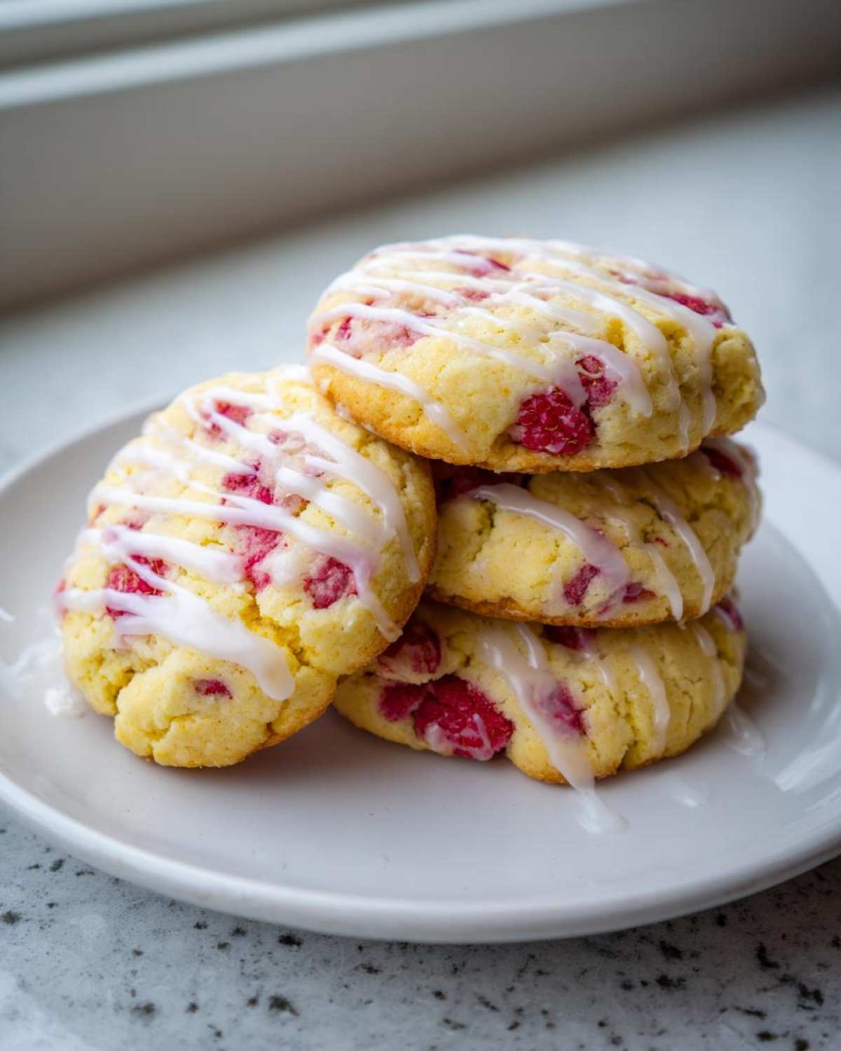 A stack of four soft lemon raspberry cookies drizzled with white lemon glaze, sitting on a white plate.