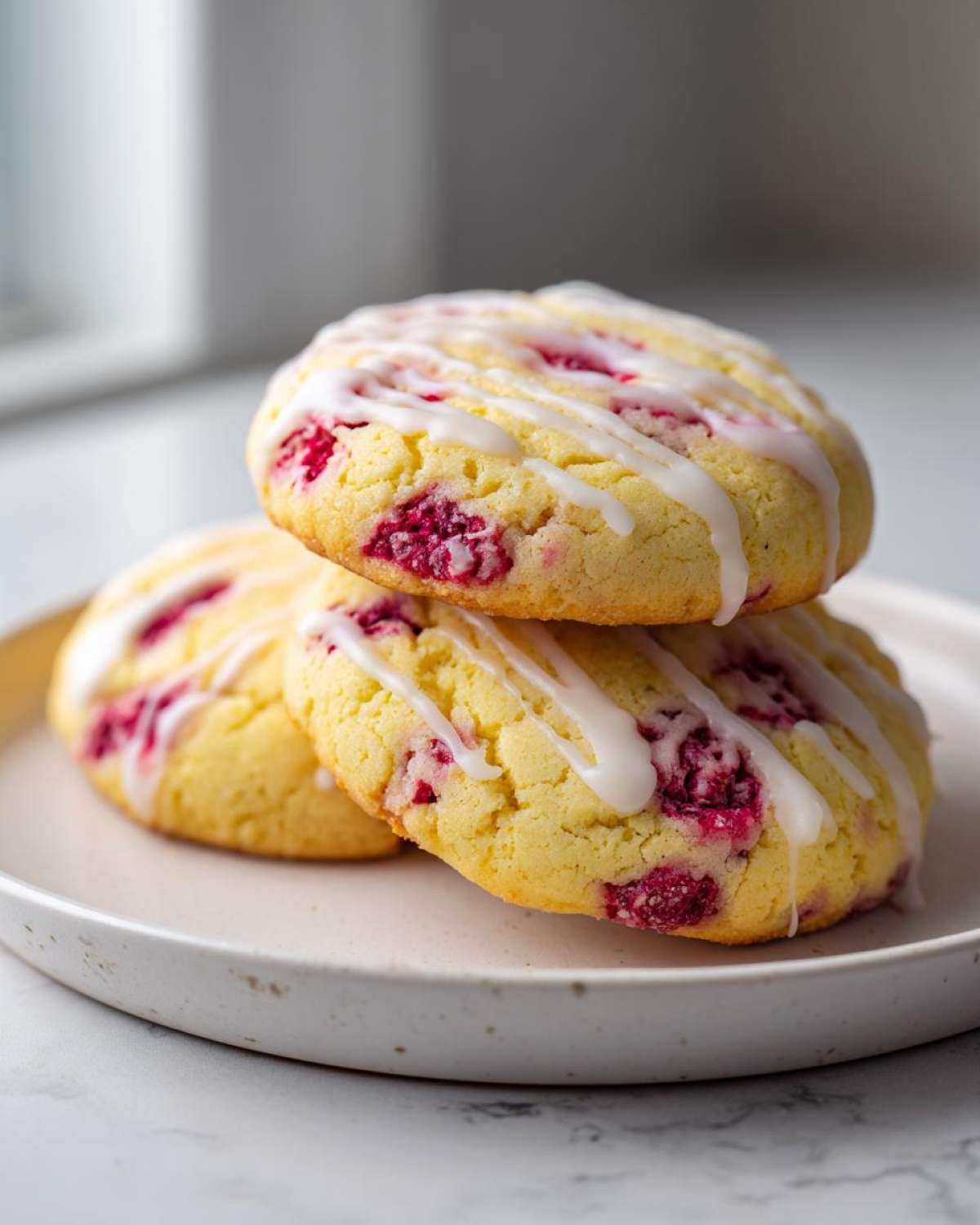 Close-up of stacked, soft lemon raspberry cookies drizzled with white icing and filled with bright pink raspberries.