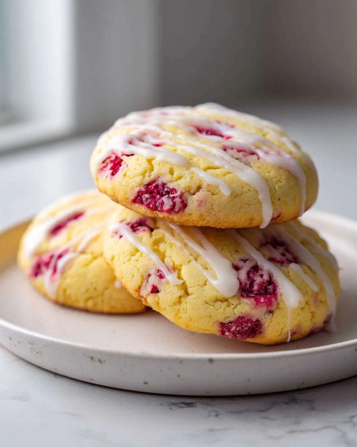 Close-up of stacked, soft lemon raspberry cookies drizzled with white icing and filled with bright pink raspberries.