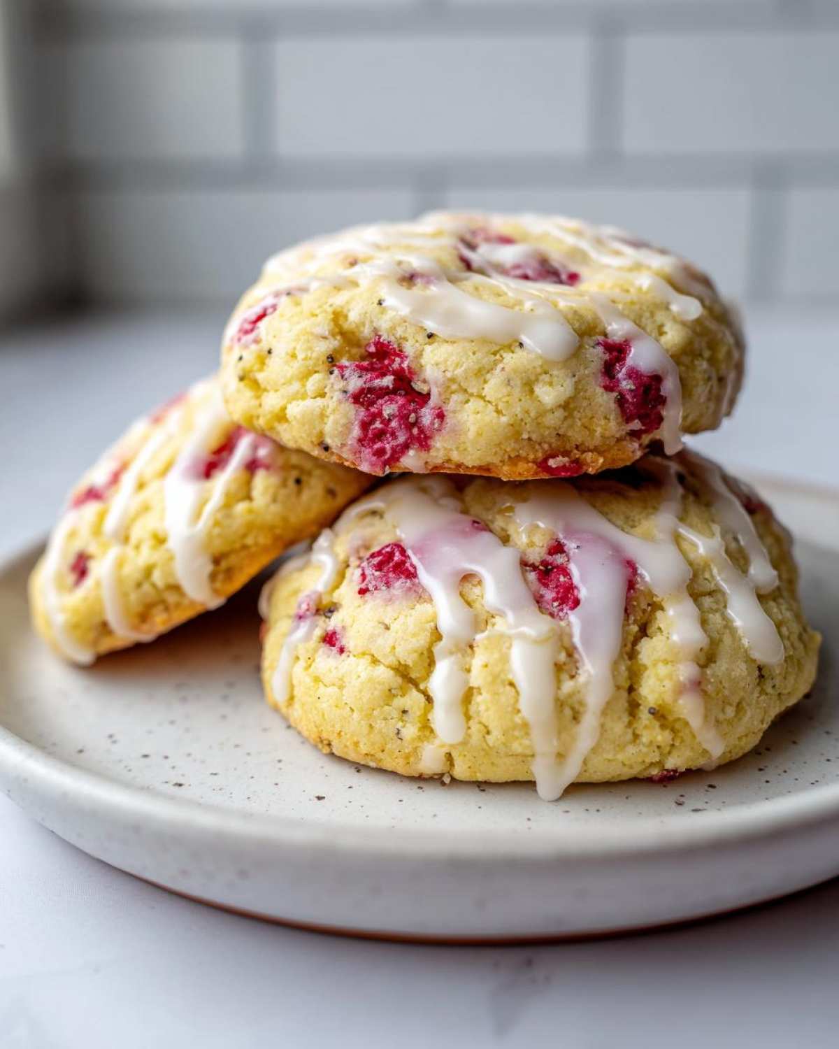 A stack of three delicious lemon raspberry cookies topped with a thick white glaze, featuring visible raspberry pieces and poppy seeds.