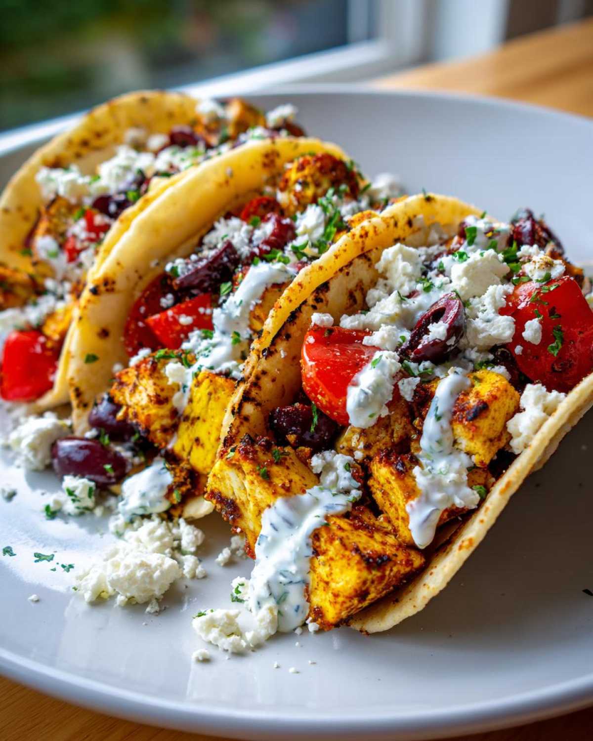 Three loaded mediterranean chicken tacos filled with spiced chicken, tomatoes, olives, feta, and tzatziki sauce on a white plate.