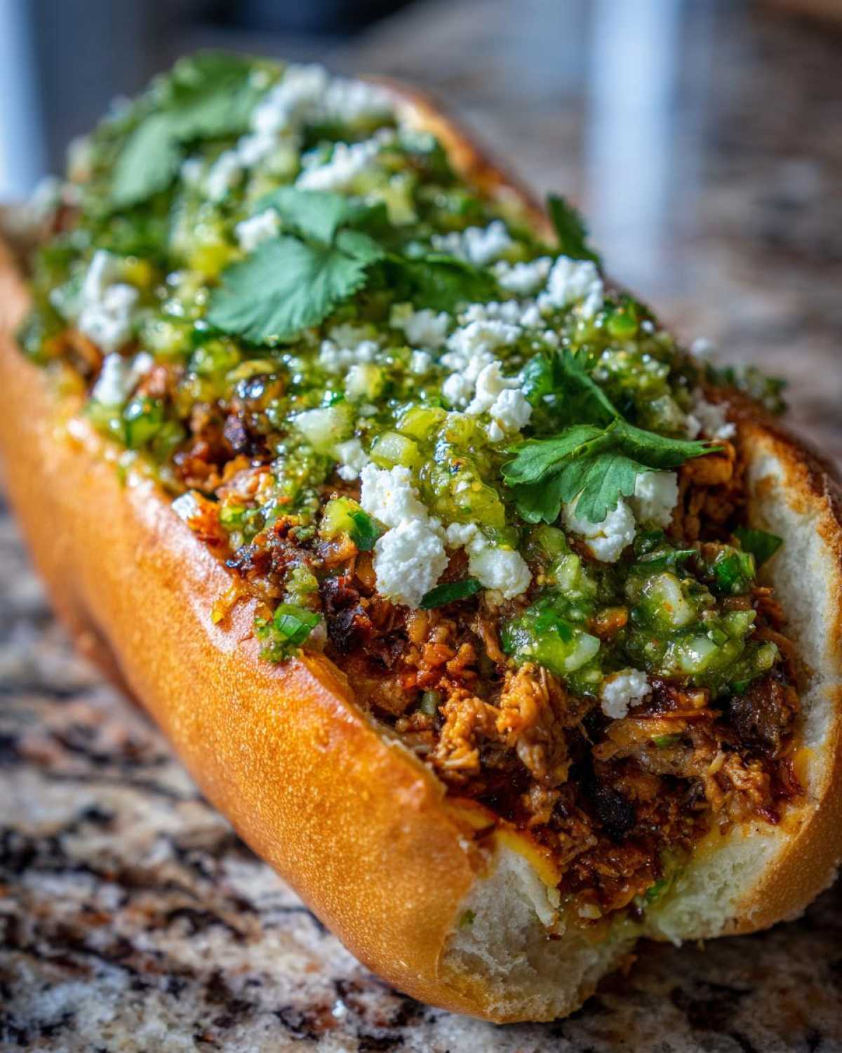 Close-up of a delicious mexican chopped cheese sandwich filling loaded into a toasted bun, topped with green salsa, cotija cheese, and cilantro.