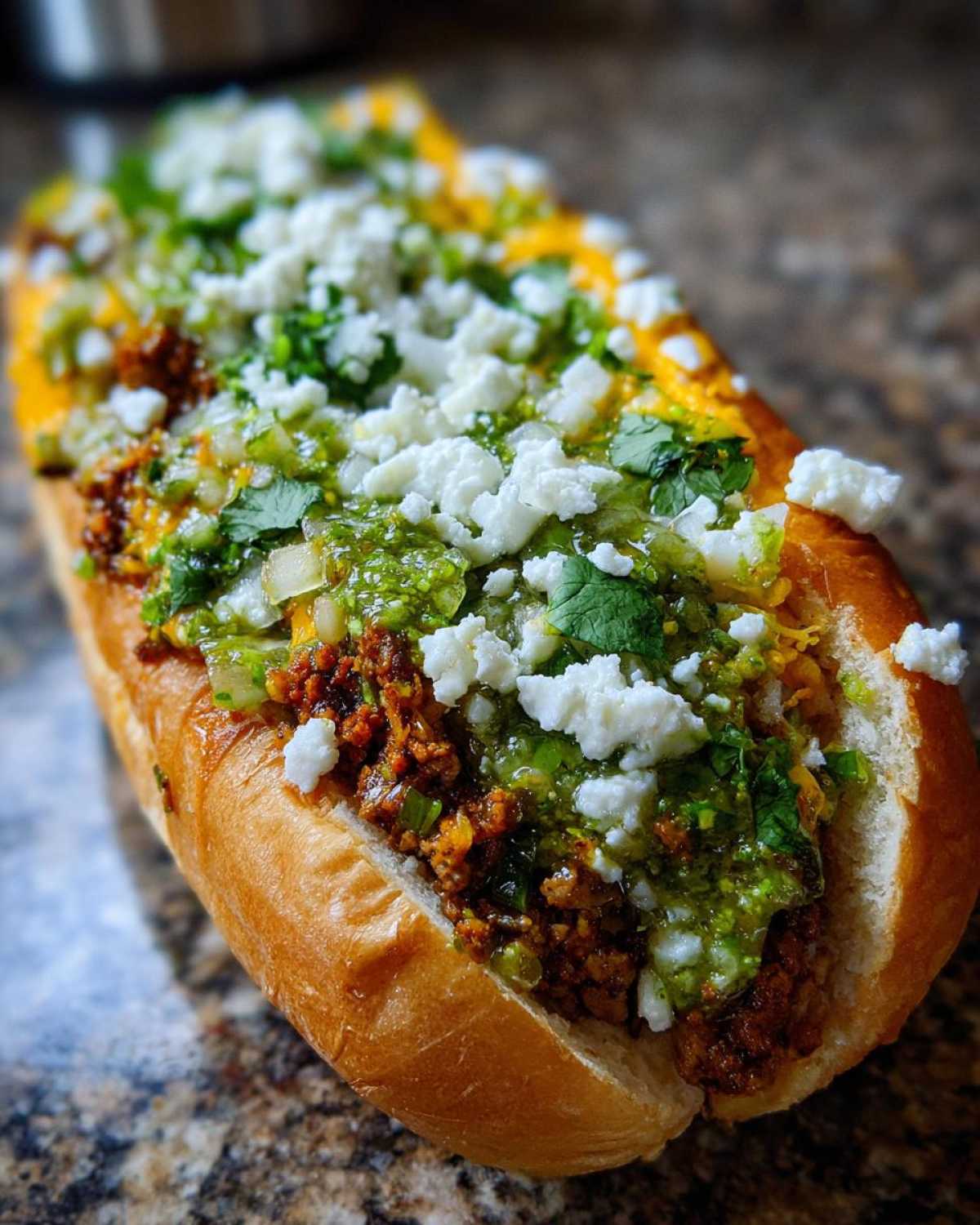 Close-up of a loaded mexican chopped cheese sandwich featuring ground meat, green salsa, and crumbled white cheese.