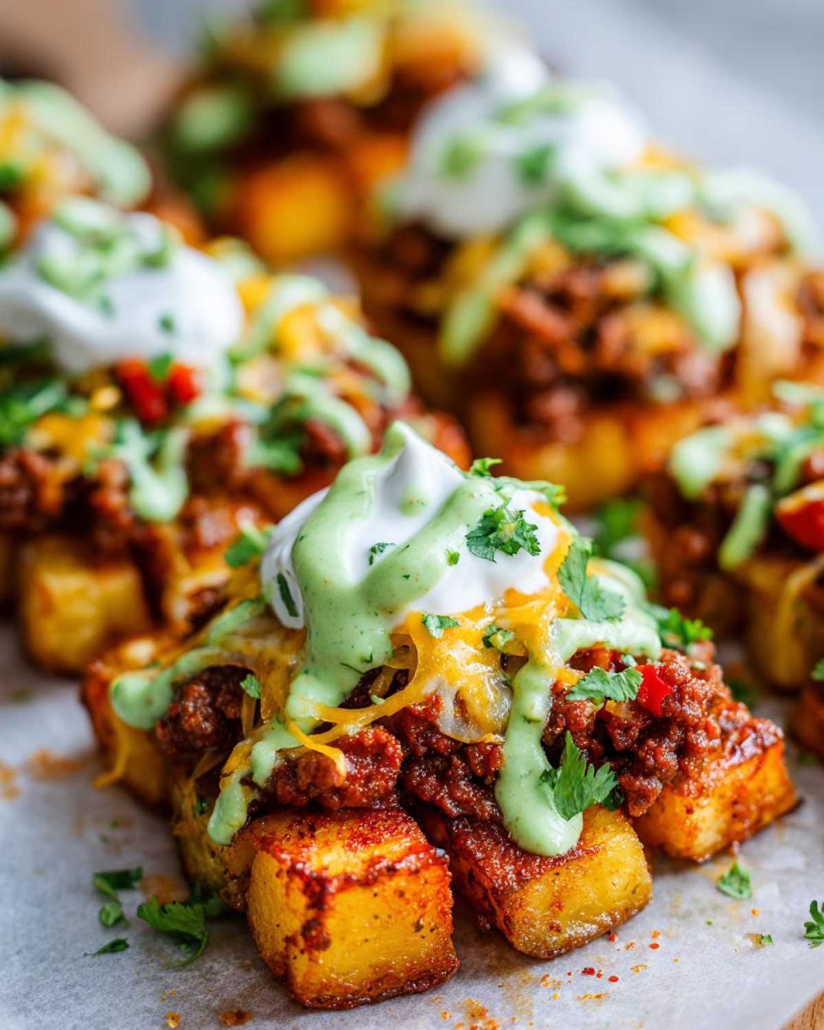 Close-up of crispy potato cubes topped with taco meat, cheese, sour cream, and green sauce for a loaded potato taco bowl.