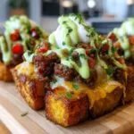 Close-up of crispy potato cubes topped with seasoned ground meat, melted cheese, sour cream, and green drizzle for a loaded potato taco bowl.