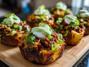 Close-up of baked potato cups filled with seasoned ground beef, cheese, and topped with sour cream and green avocado sauce for a loaded potato taco bowl.