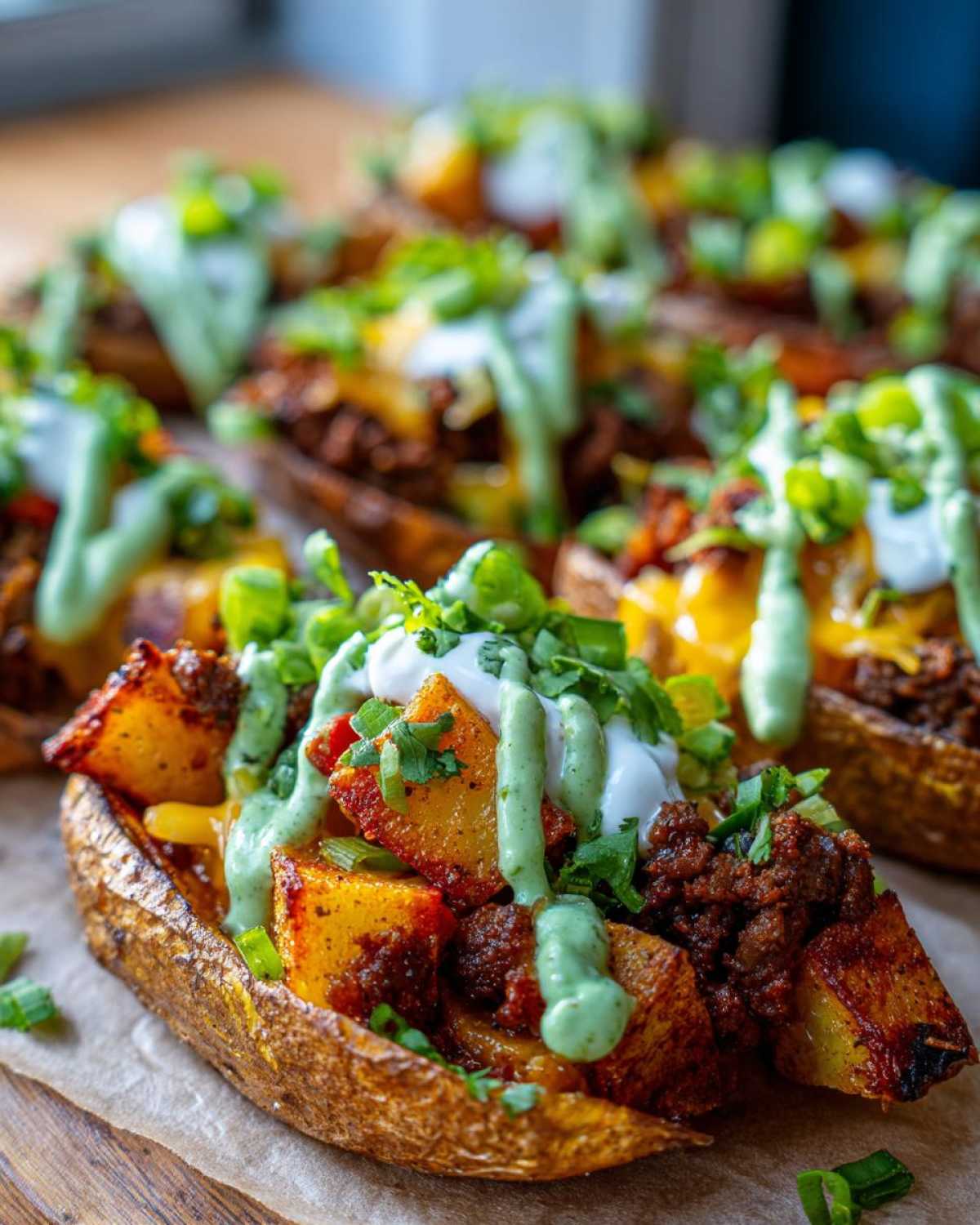 Close-up of a baked potato skin filled with seasoned potatoes, taco meat, cheese, sour cream, and green sauce, resembling a loaded potato taco bowl.