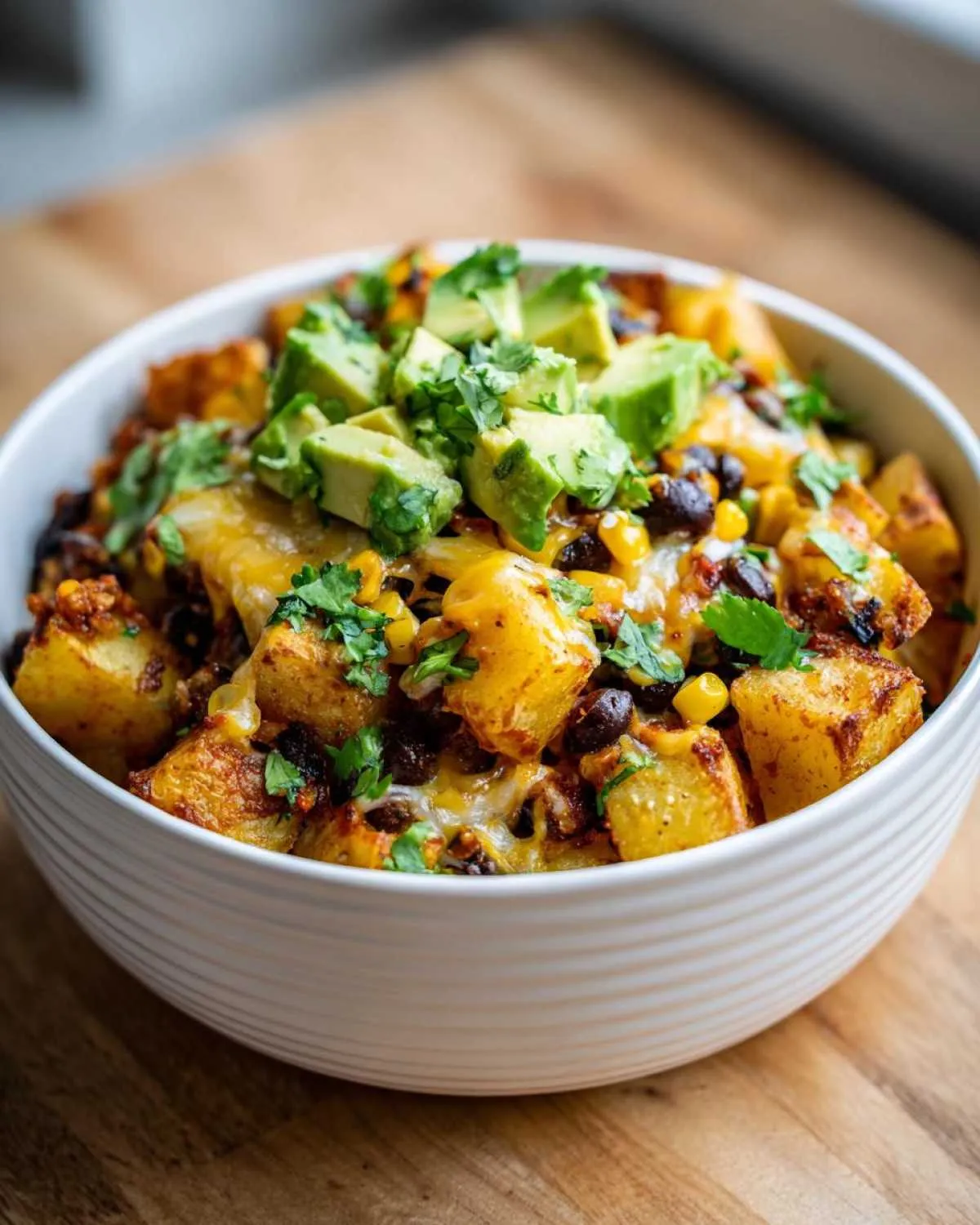 Close-up of loaded southwest potato bowls featuring seasoned potatoes, black beans, corn, melted cheese, and diced avocado.