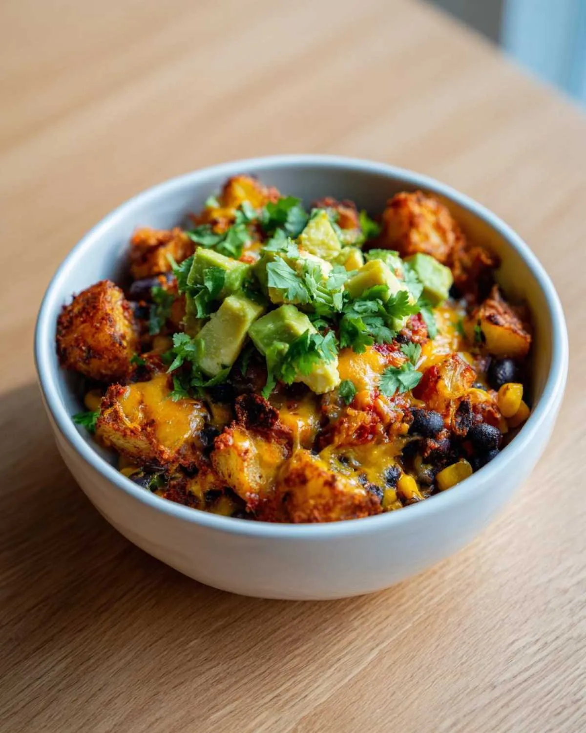 A close-up of loaded southwest potato bowls topped with melted cheese, diced avocado, and fresh cilantro.