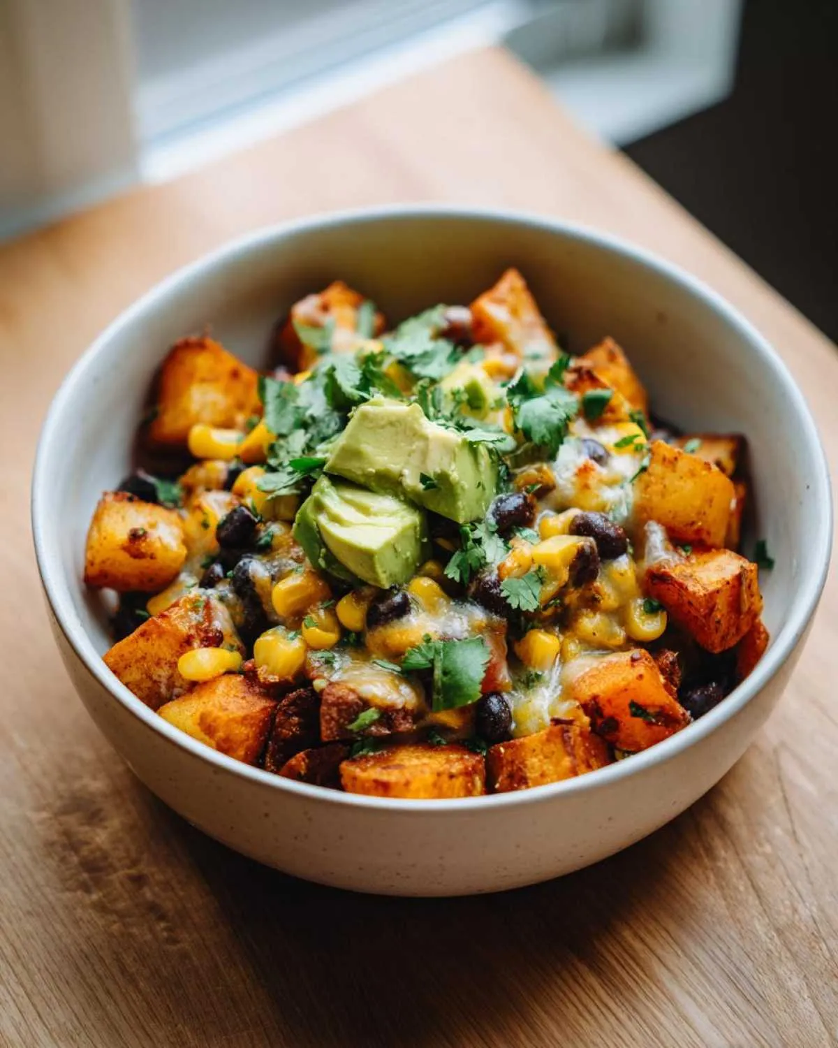 A close-up of loaded southwest potato bowls featuring roasted potatoes, black beans, corn, melted cheese, and topped with avocado slices and cilantro.