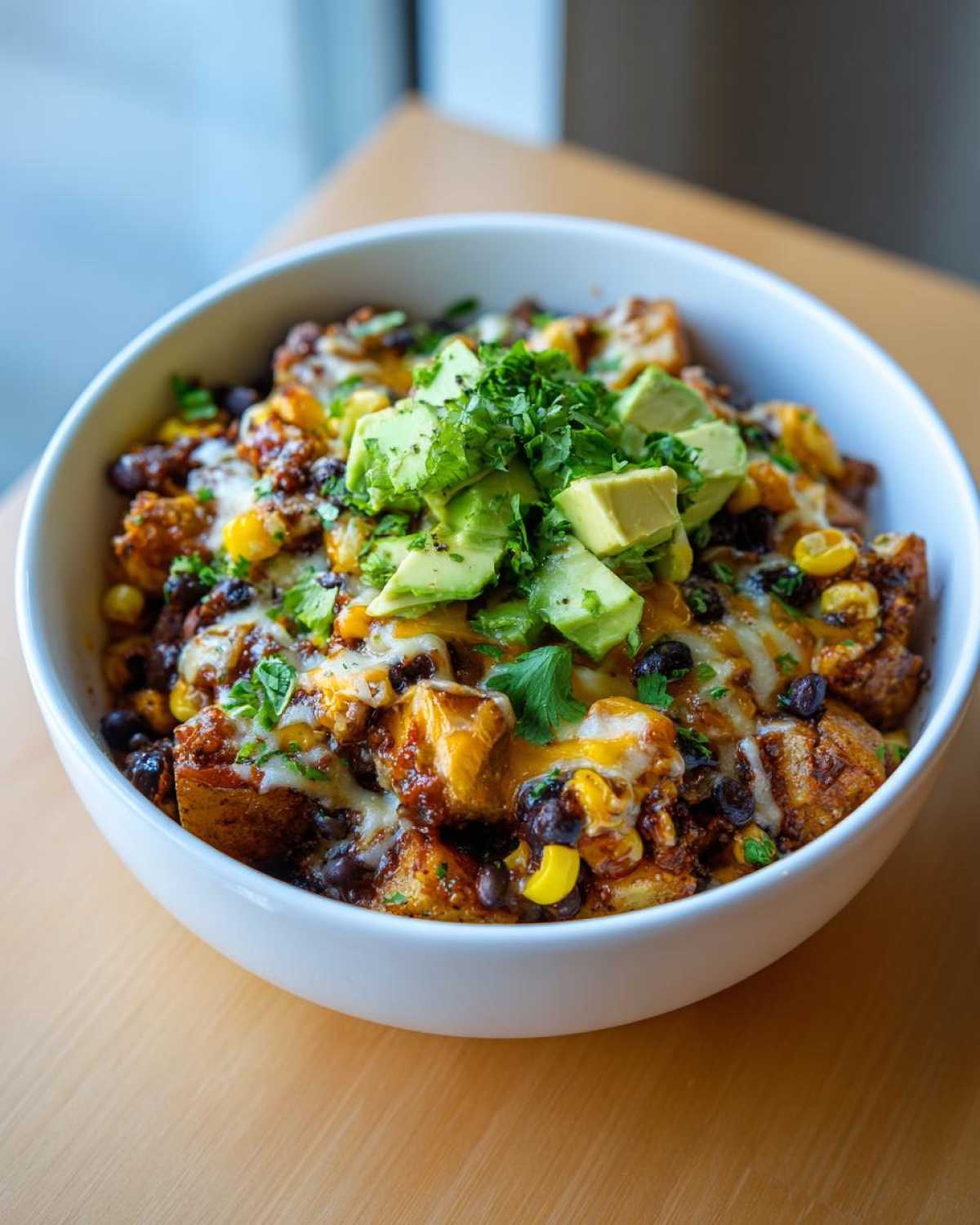 Close-up of loaded southwest potato bowls topped with melted cheese, black beans, corn, and fresh avocado.