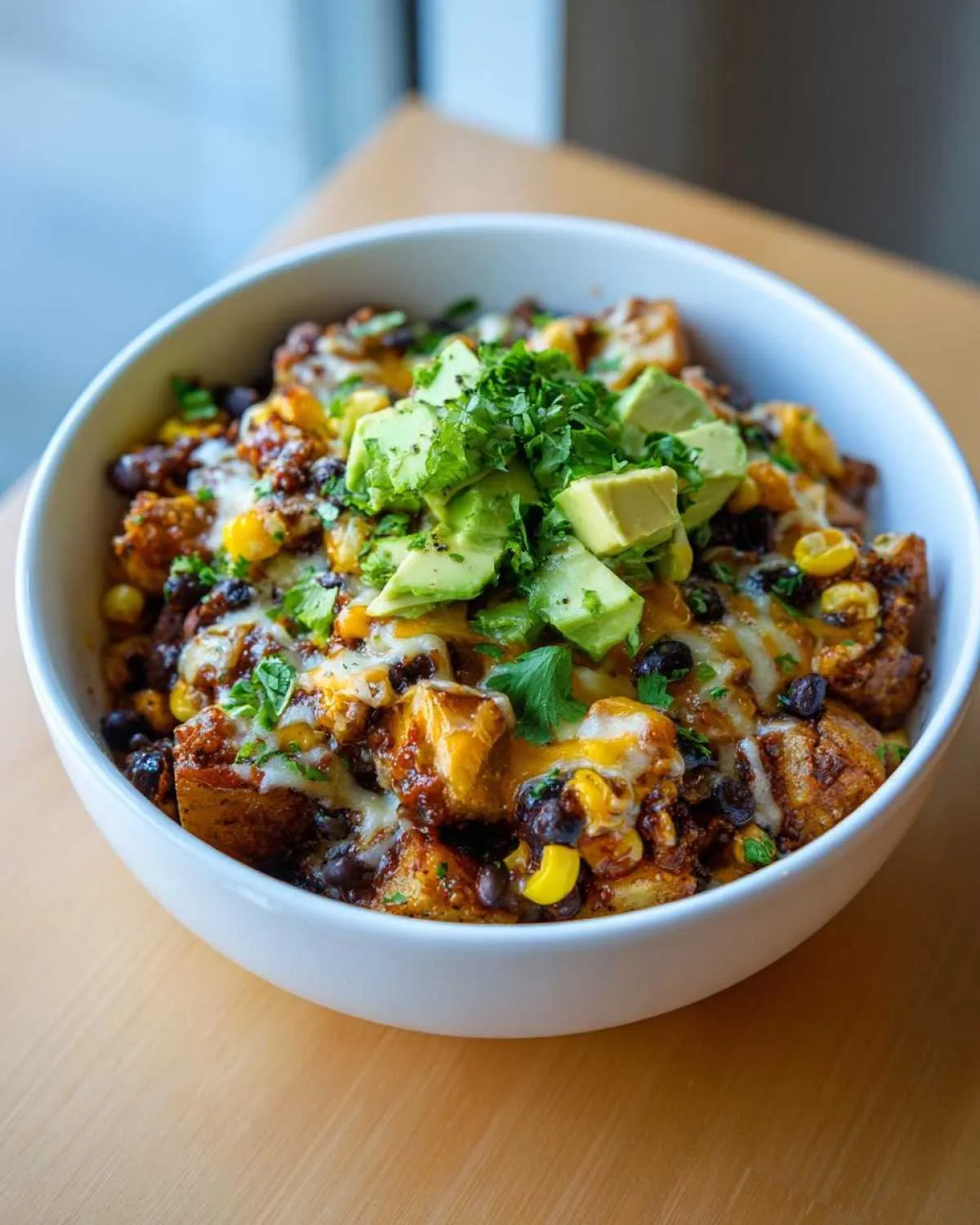 Close-up of loaded southwest potato bowls topped with melted cheese, black beans, corn, and fresh avocado.