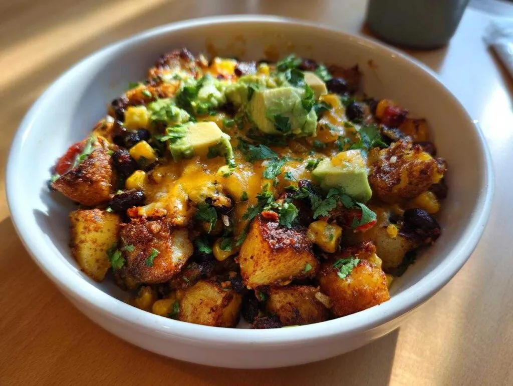 A close-up of a white bowl filled with loaded southwest potato bowls, topped with melted cheese, black beans, corn, and diced avocado.