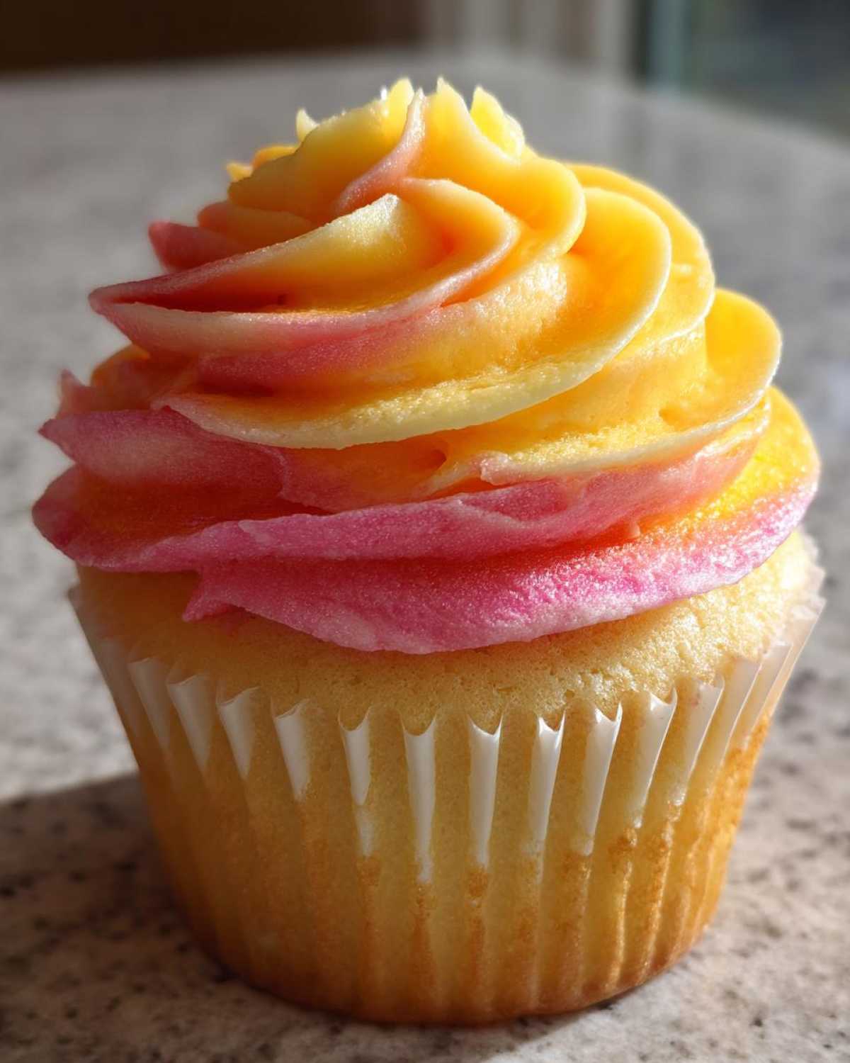 A close-up of a mango strawberry sunset cupcakes featuring vibrant yellow and pink ombre frosting swirled high.