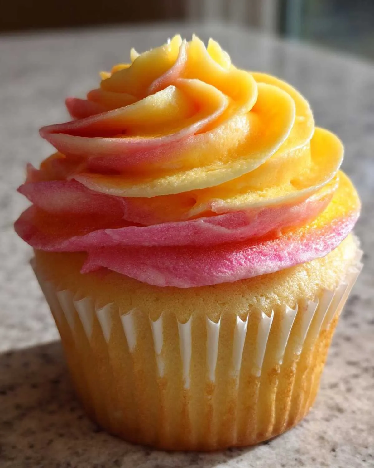 A close-up of a mango strawberry sunset cupcakes featuring vibrant yellow and pink ombre frosting swirled high.