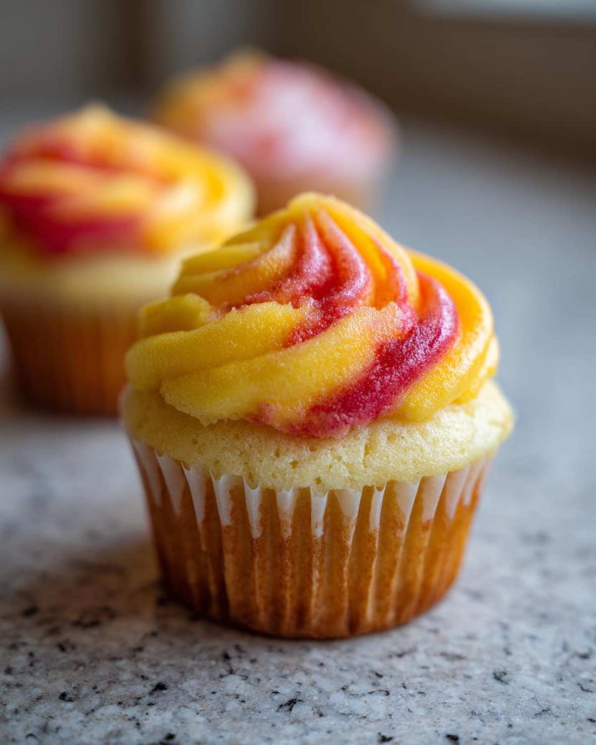 A close-up of one mango strawberry sunset cupcake featuring yellow and red swirled frosting.